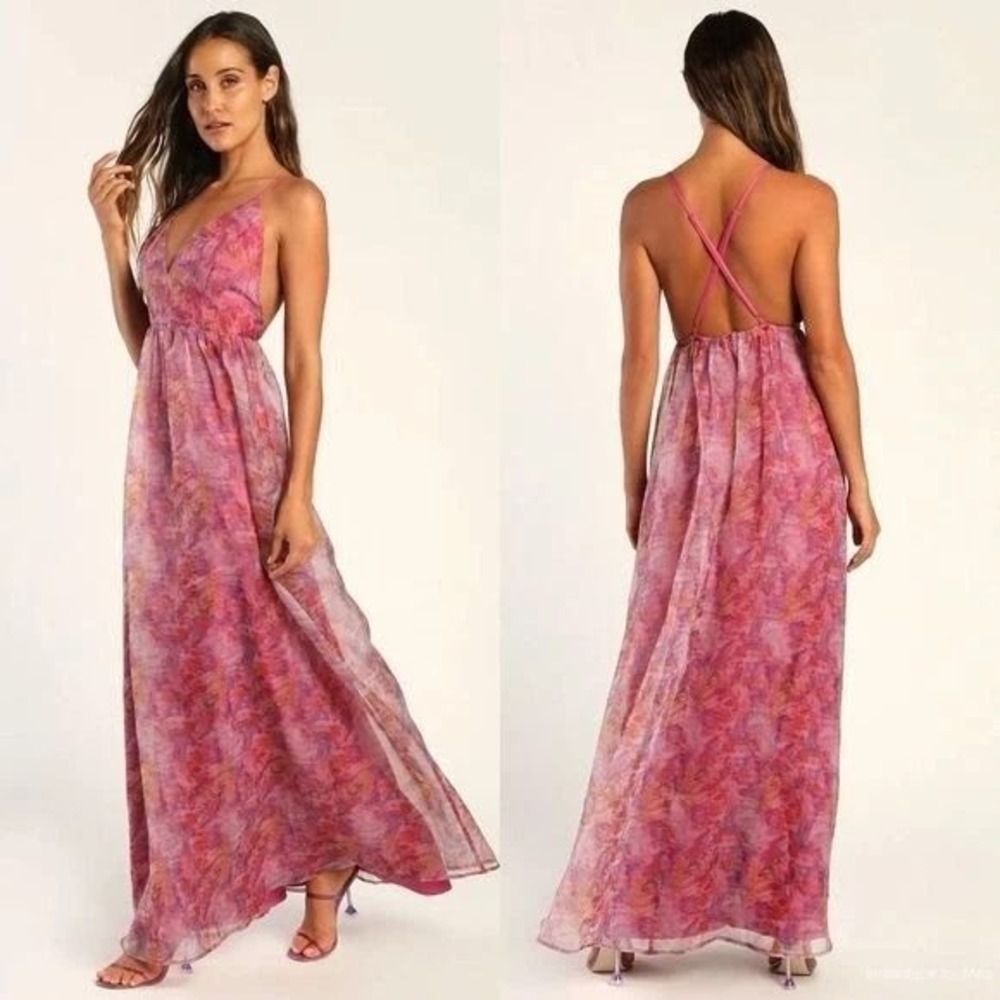 Olia by Lulu's NWT Floral Maxi Dress Magenta Pink Purple Organza Chiffon S Small